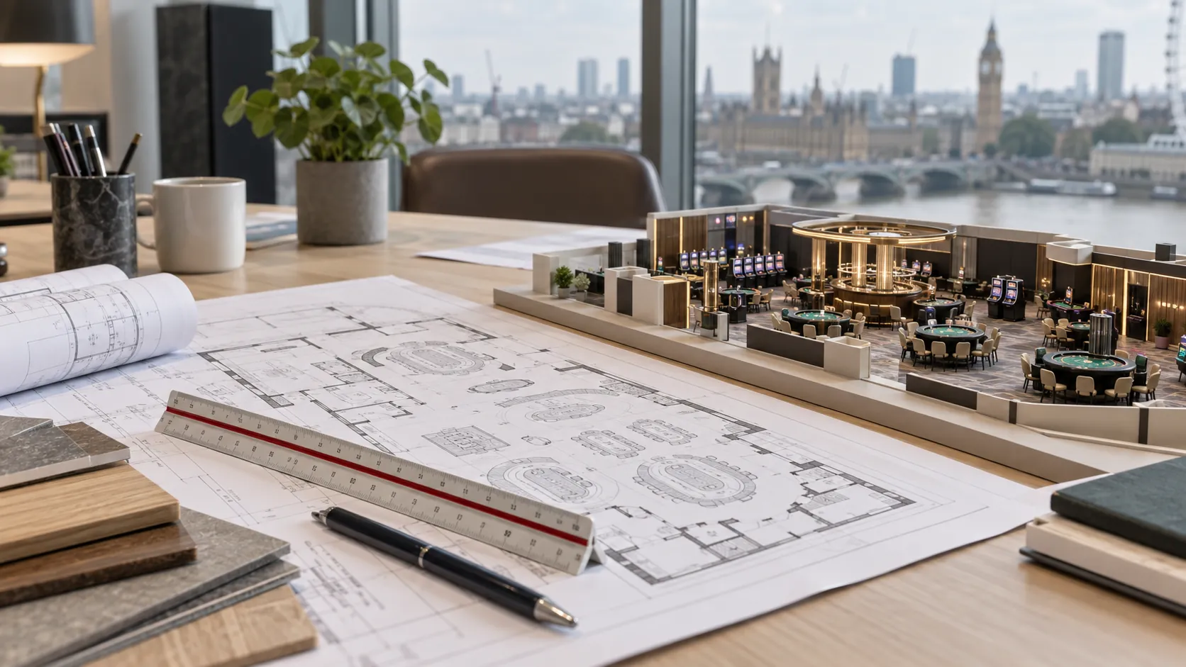 Architectural floor plans for a casino venue on a desk