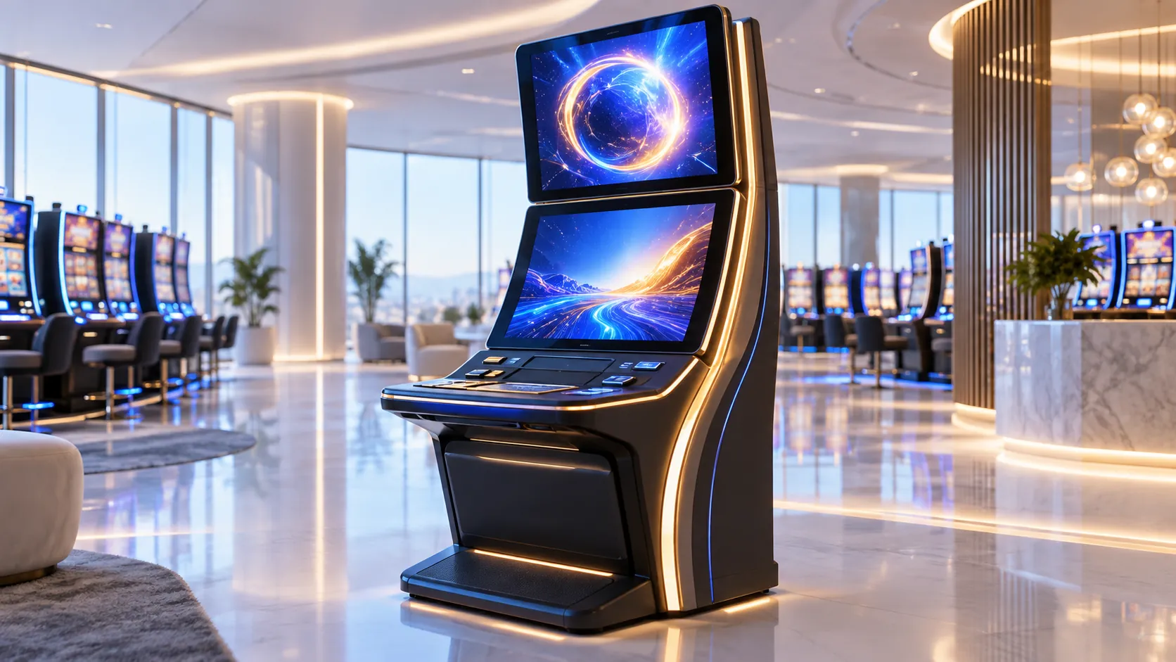 Unbranded dual-screen gaming cabinet in a bright showroom