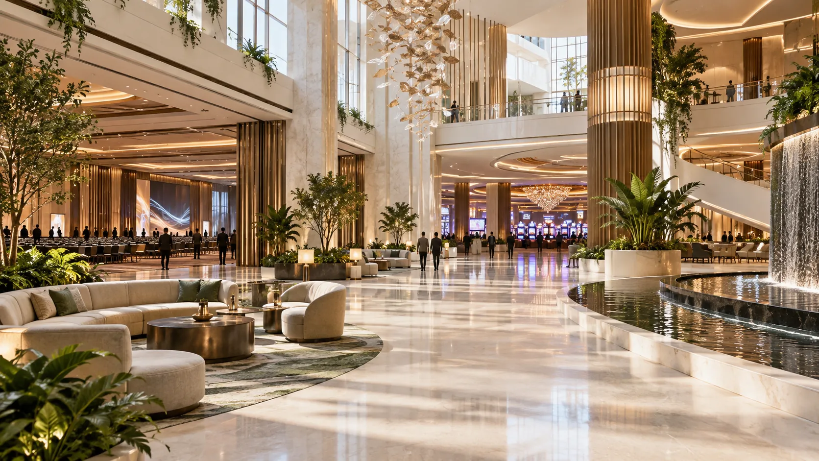 Contemporary integrated-resort atrium connecting hospitality and event spaces