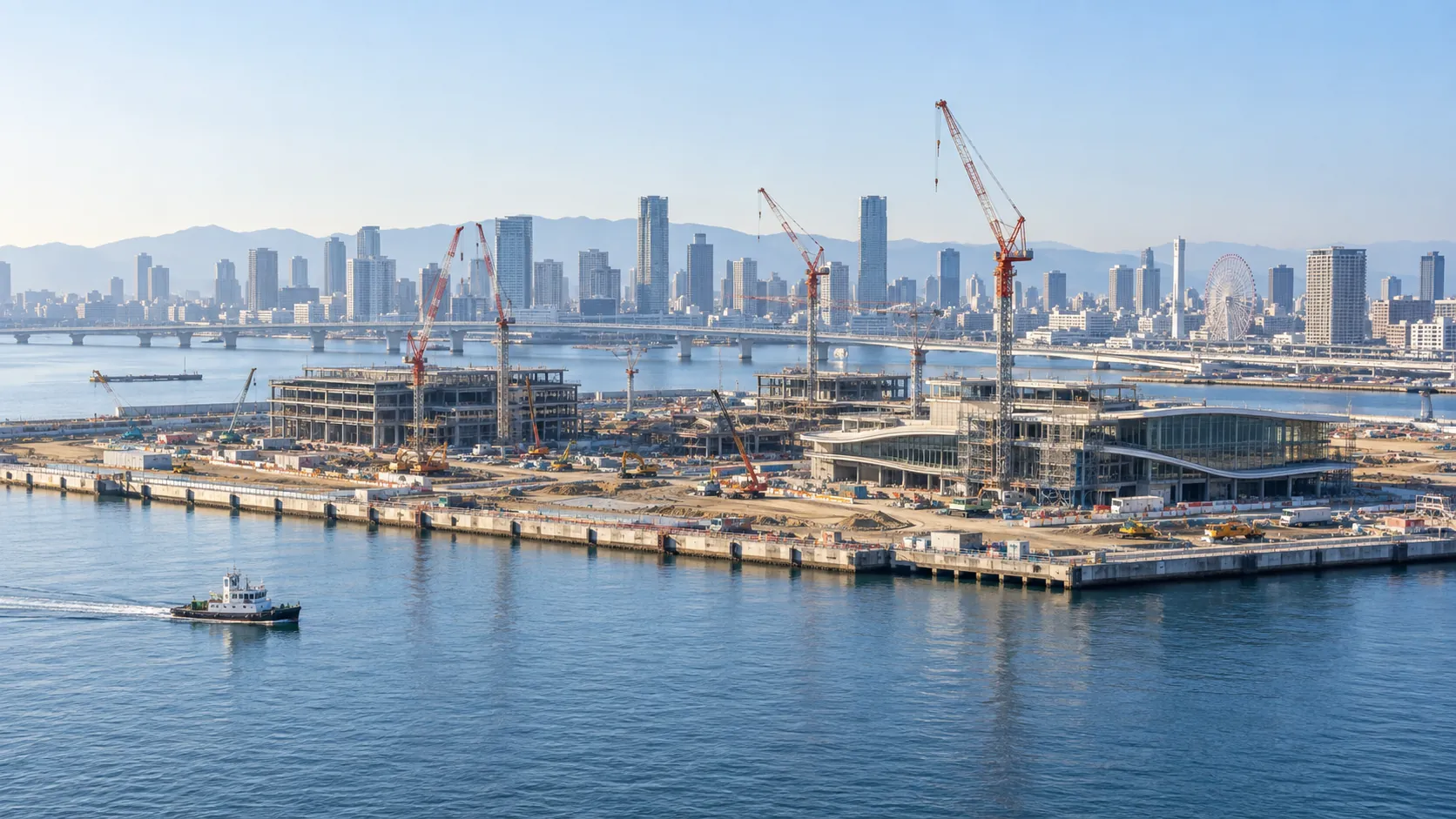 waterfront resort construction scene in an urban Japanese bay