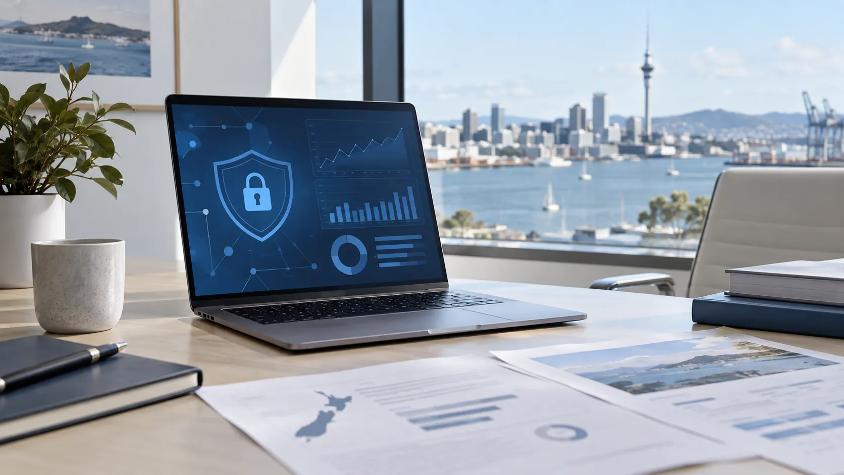 Laptop with an abstract security screen in an Auckland office