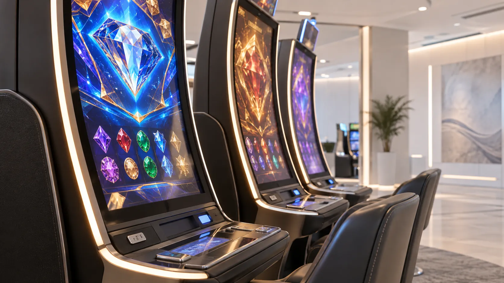 Modern unbranded slot cabinets in a light showroom
